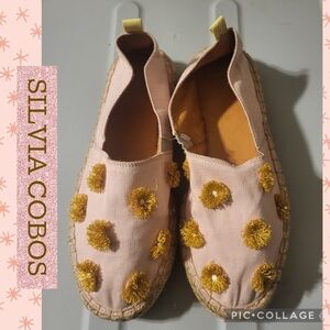 Silvia Cobos Pink Espadrille Flats with Gold Pom Details